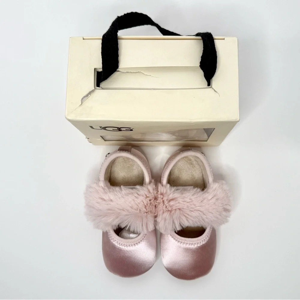 UGG Baby Light Pink Satin Faux Fur Fluff Trim Ballet Flats